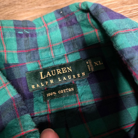 Lauren Ralph Lauren Mens XL Green Navy Plaid Cotton Button Down Crest Shirt 214 - Picture 5 of 7